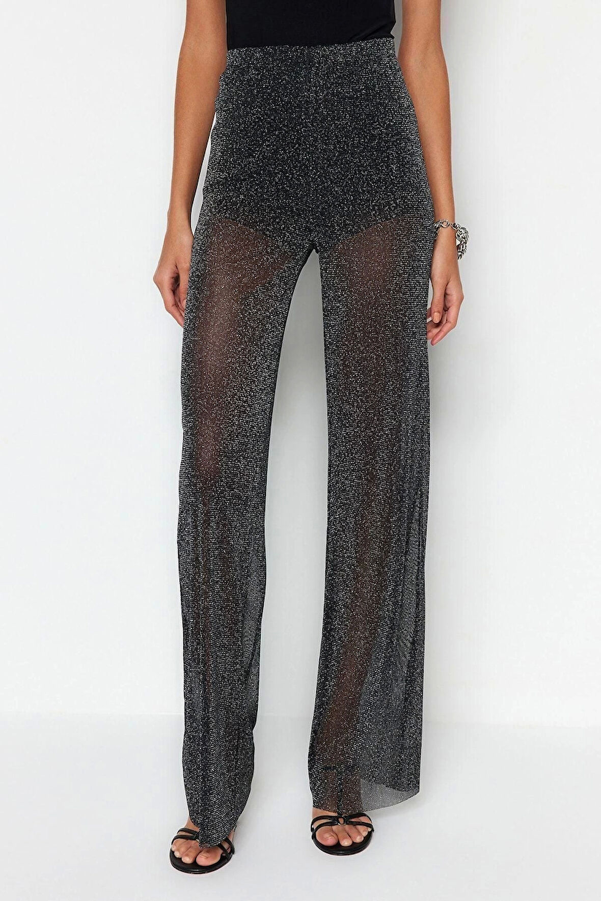 Kadın Yeni Moda Geniş Paça Regular Boy Örme Bol Paça Astarlı Parıltılı Örme File Pantolon