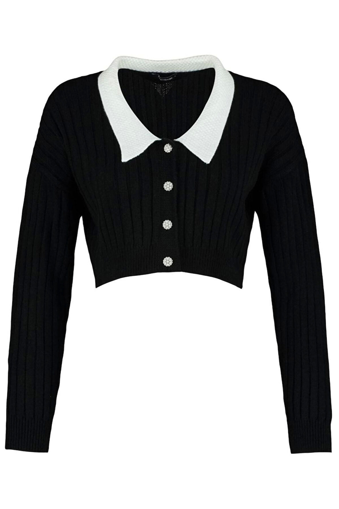 Kadın Moda Şık Crop Bebe Yaka Regular Süper Crop Gömlek Yaka Garnili Triko Hırka