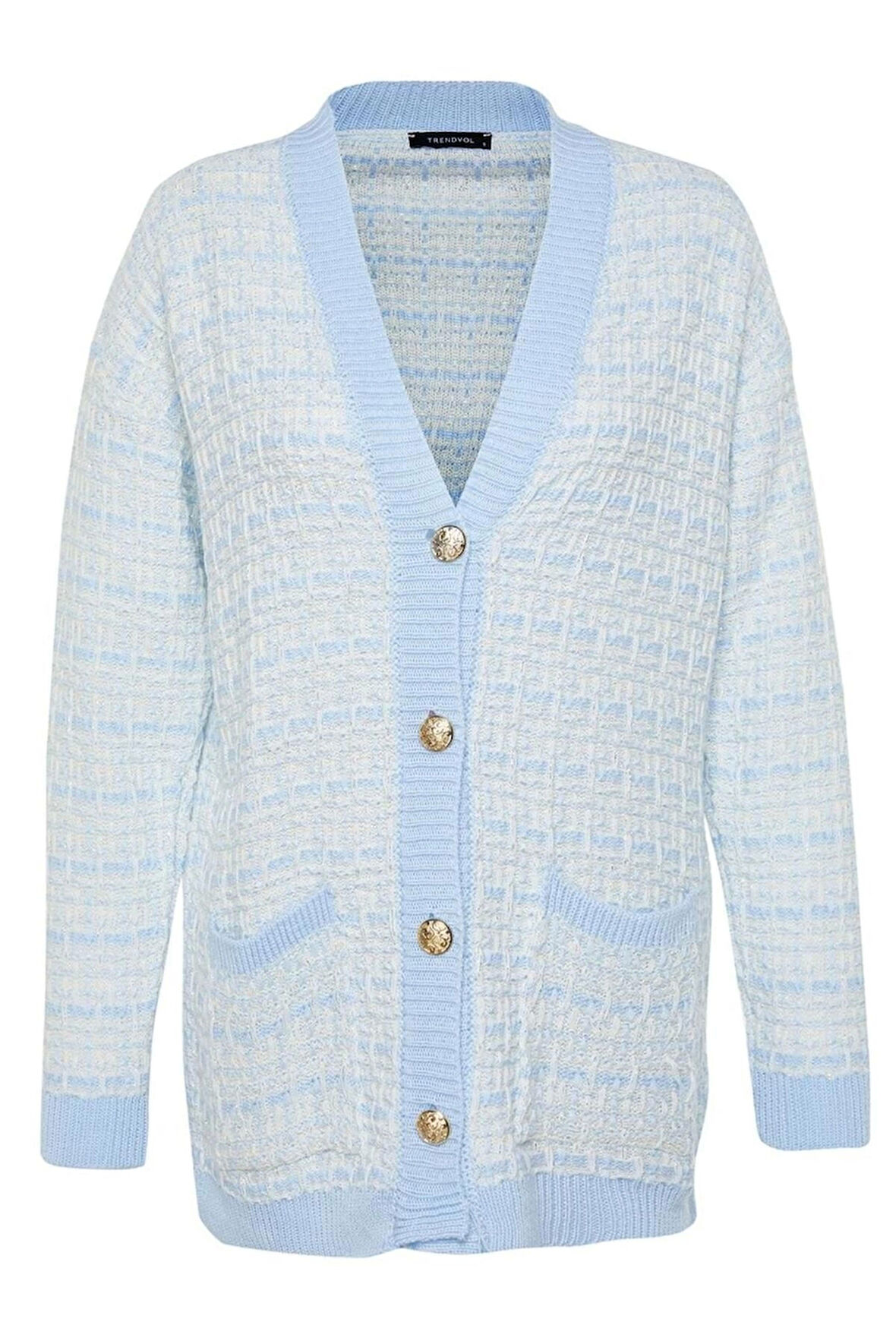 Kadın Moda Şık Midi V Yaka Oversize Geniş Kalıp Tüvit Görünümlü Simli Triko Hırka