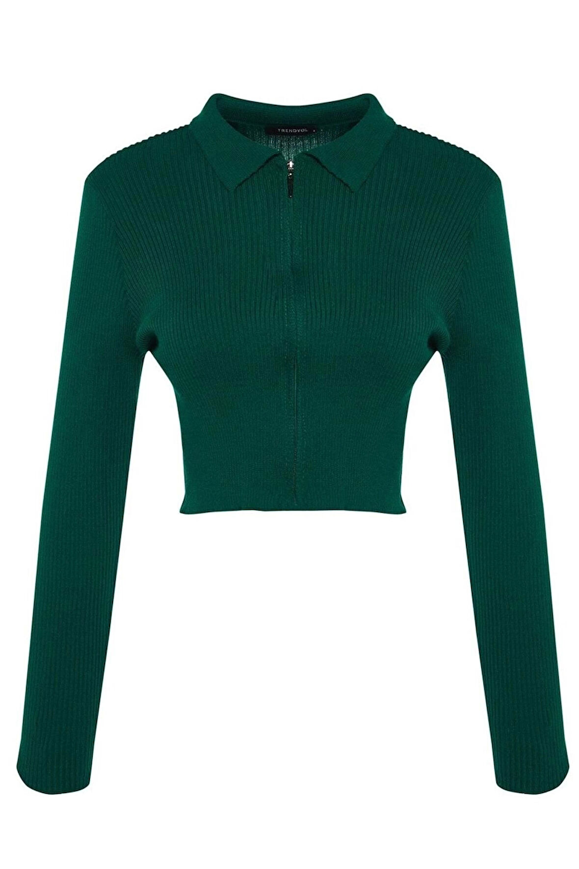 Kadın Moda Şık Crop Polo Yaka Slim Crop Fermuarlı Triko Hırka