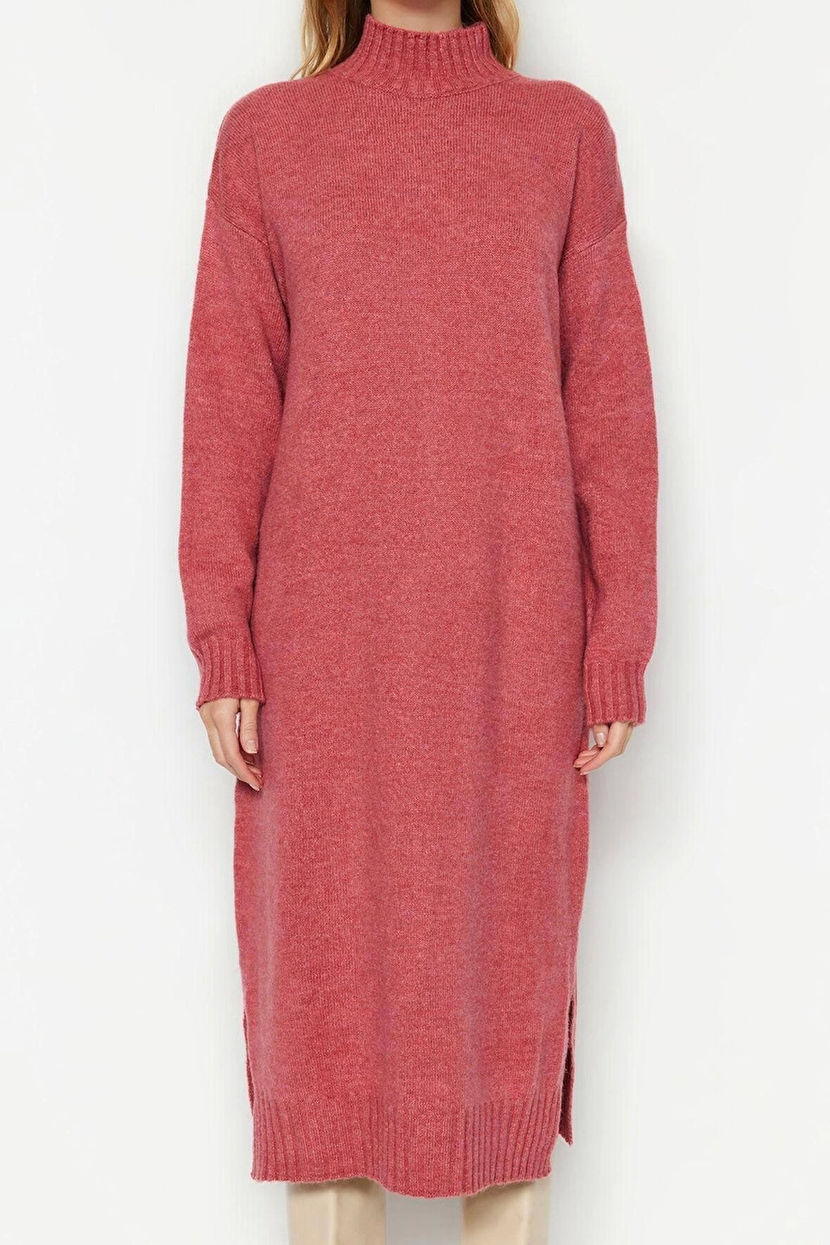 Yeni Oversize Casual Günlük Tek Plaka Triko Dik Yaka Uzun Kol Shift Midi Boy Elbise
