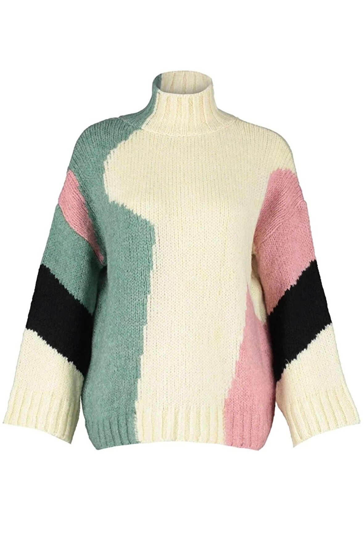 Kadın Moda Şık Regular Dik Yaka Uzun Kol Renk Bloklu Yumuşak Dokulu Geniş Kalıp Triko Kazak