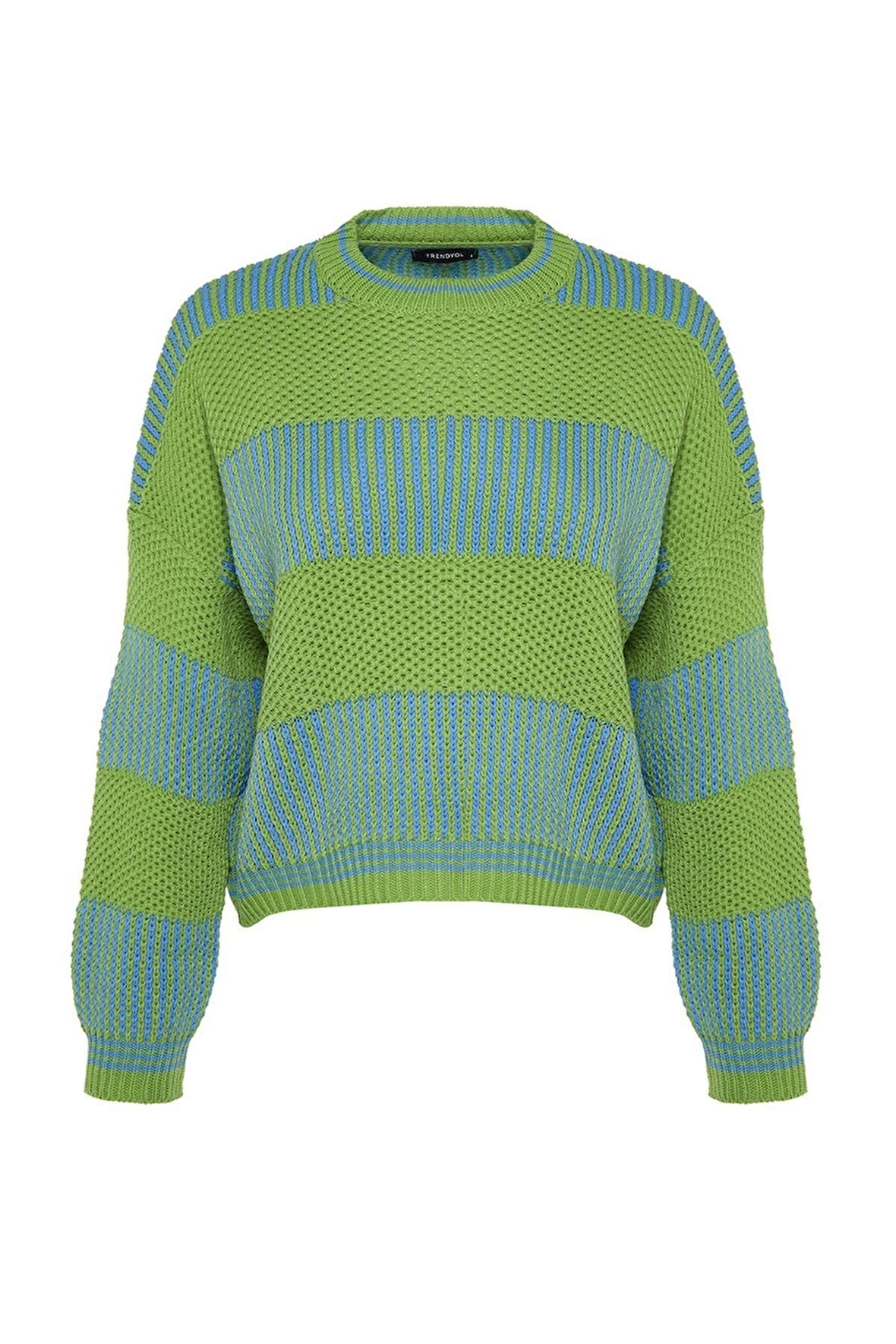 Kadın Moda Şık Bisiklet Yaka Standart Kol Regular Renk Bloklu Triko Kazak