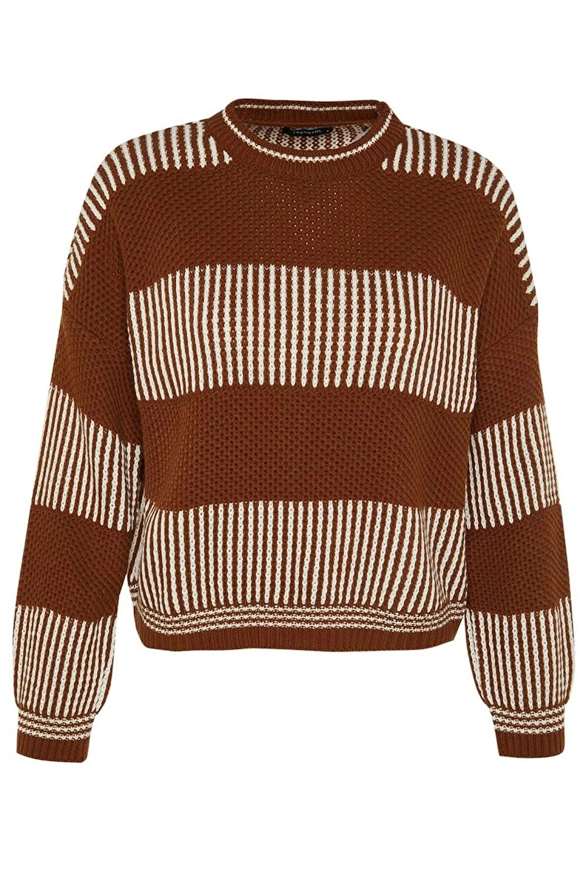 Kadın Moda Şık Regular Bisiklet Yaka Uzun Kol Renk Bloklu Geniş Kalıp Triko Kazak