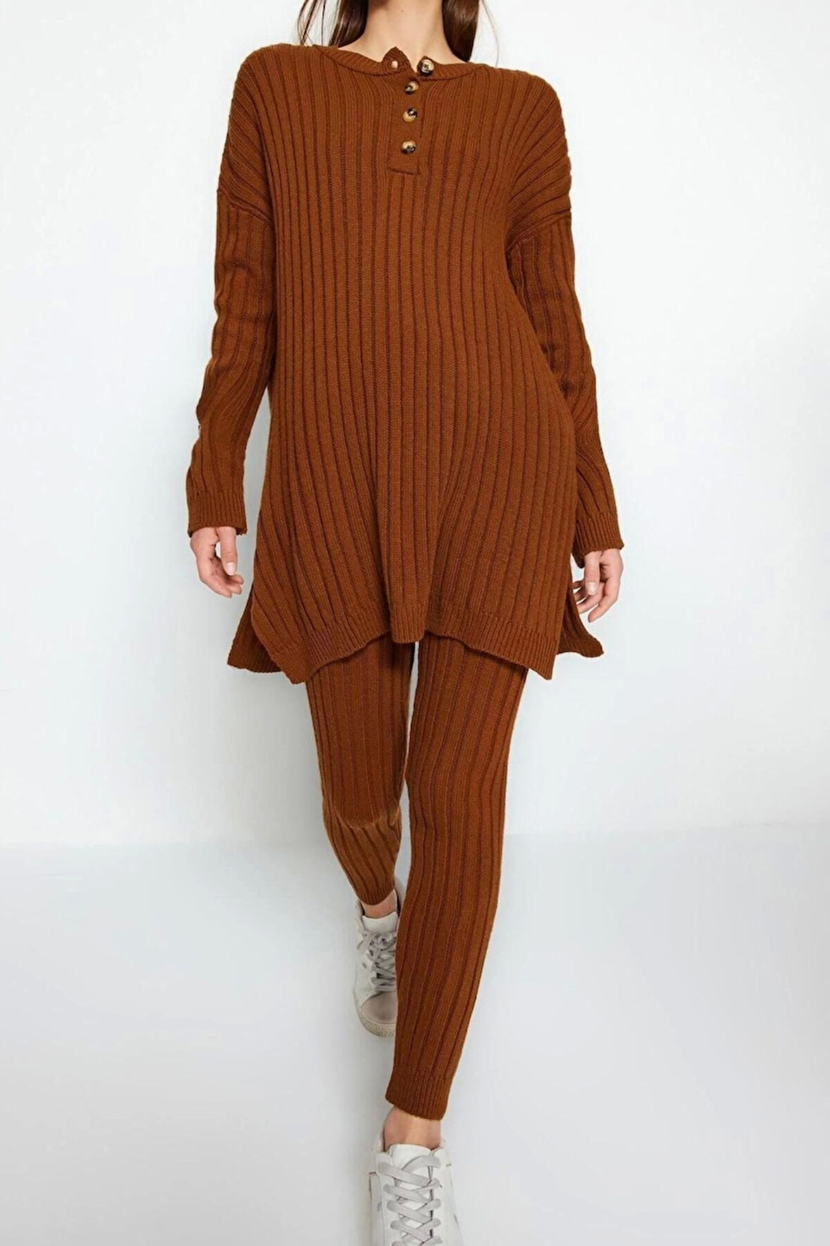 Kadın Moda Şık Dar Paça Regular Boy Uzun Kollu Fitilli Geniş Kalıp Triko Alt-Üst Takım