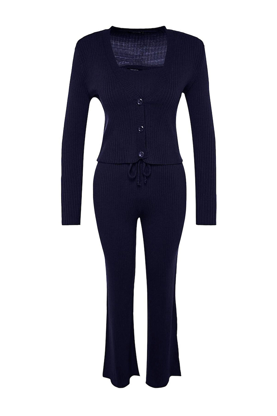 Kadın Moda Şık Geniş Paça Crop Boy Uzun Kollu Fitillli Bluz Hırka Pantolon Triko Alt-Üst Takım