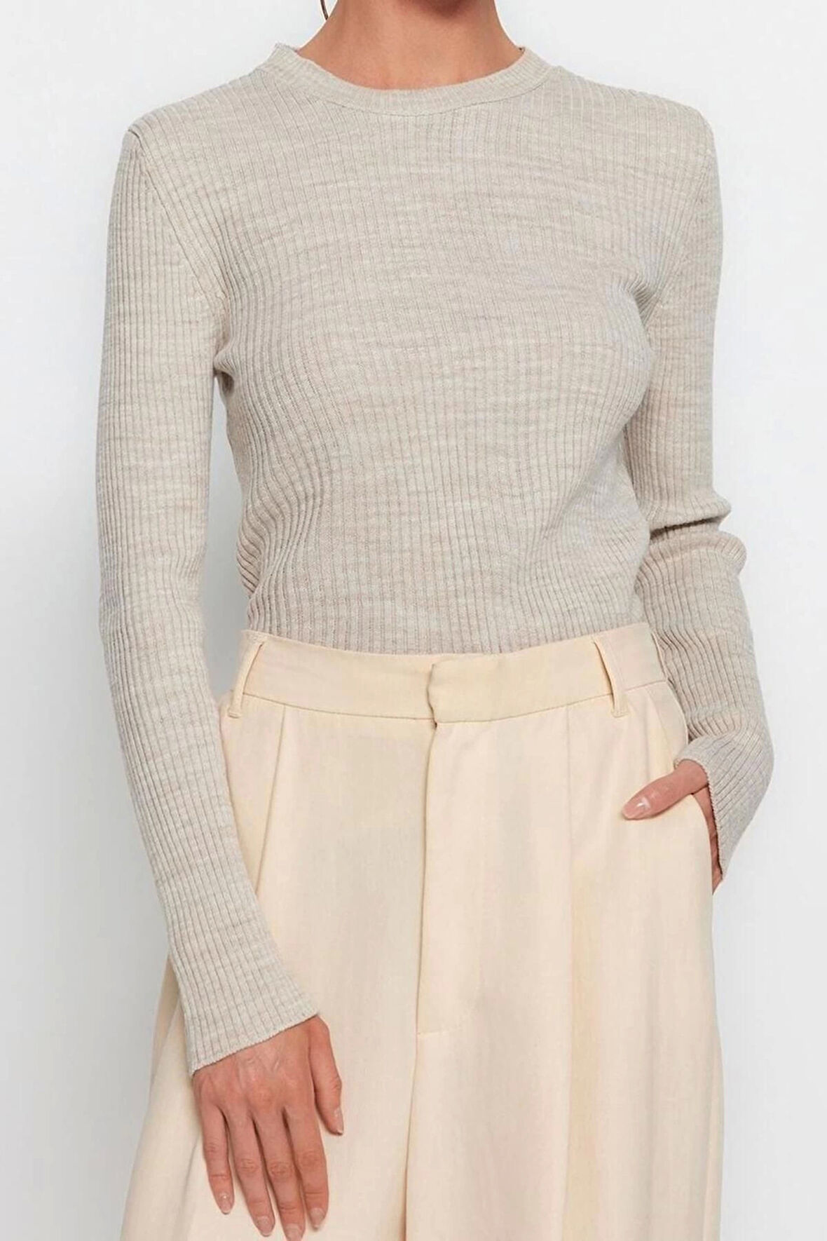 Kadın Moda Şık Regular Bisiklet Yaka Uzun Kol Düz İkili Paket Triko Kazak