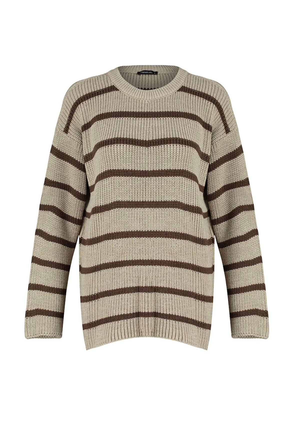 Kadın Moda Şık Bisiklet Yaka Standart Kol Regular Geniş Kalıp Çizgili Triko Kazak