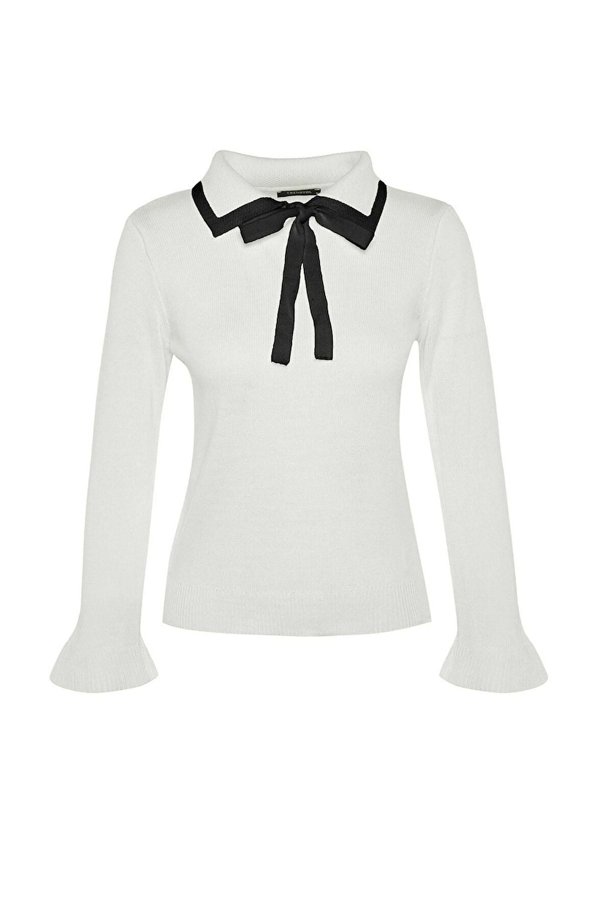 Kadın Moda Şık Polo Yaka Standart Kol Regular Renk Bloklu Kurdeleli Detaylı Triko Kazak