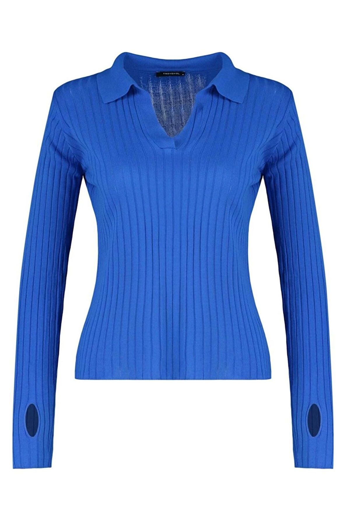 Kadın Moda Şık Regular Polo Yaka Uzun Kol Düz Kol Ucu Detaylı Polo Yaka Triko Kazak