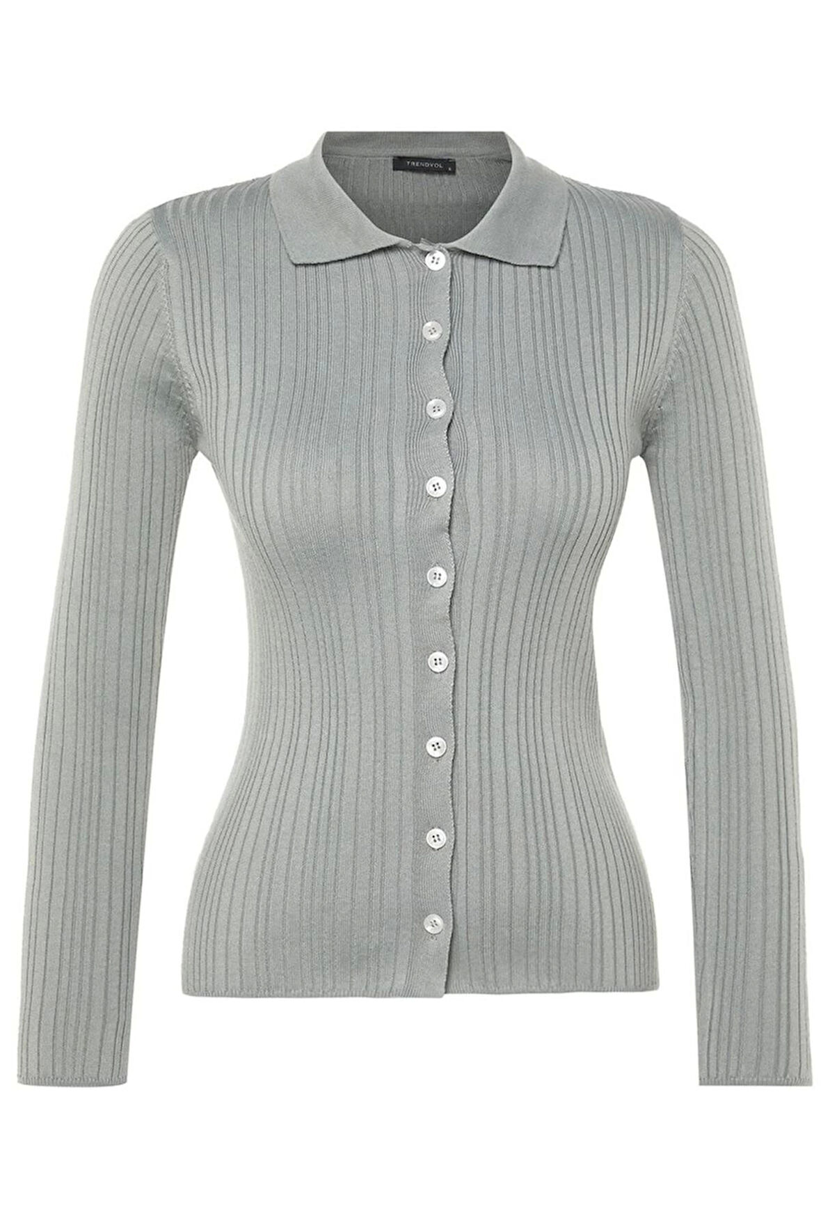 Kadın Moda Şık Regular Polo Yaka Slim Fitilli Polo Yaka Triko Hırka