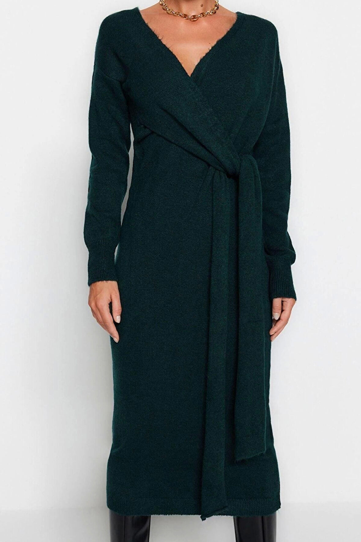 Yeni Regular Casual Günlük Tek Plaka Triko Kruvaze Uzun Kol Kruvaze Maxi Boy Elbise