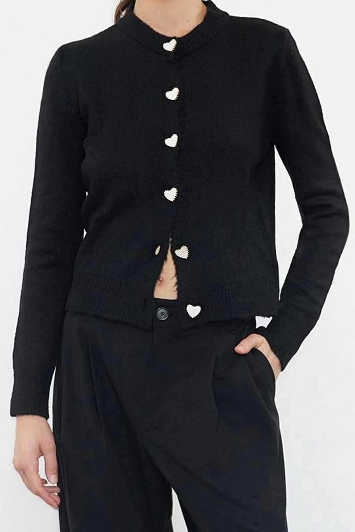 Kadın Moda Regular Bisiklet Yaka Regular Yumuşak Dokulu Mücevher Düğmeli Ceket Görünümlü Triko Hırka