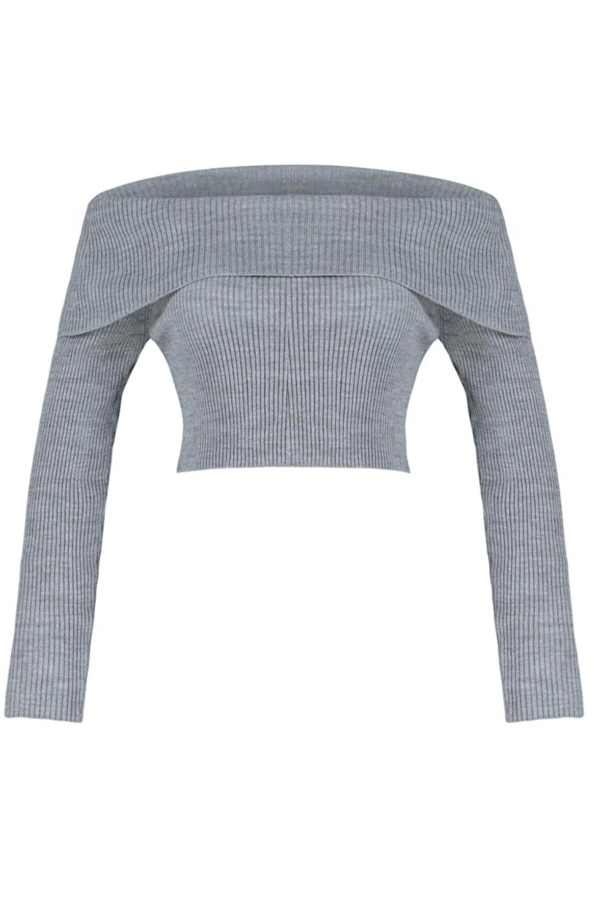 Kadın Moda Şık Crop Carmen Yaka Uzun Kol Düz Süper Crop Carmen Yaka Triko Kazak