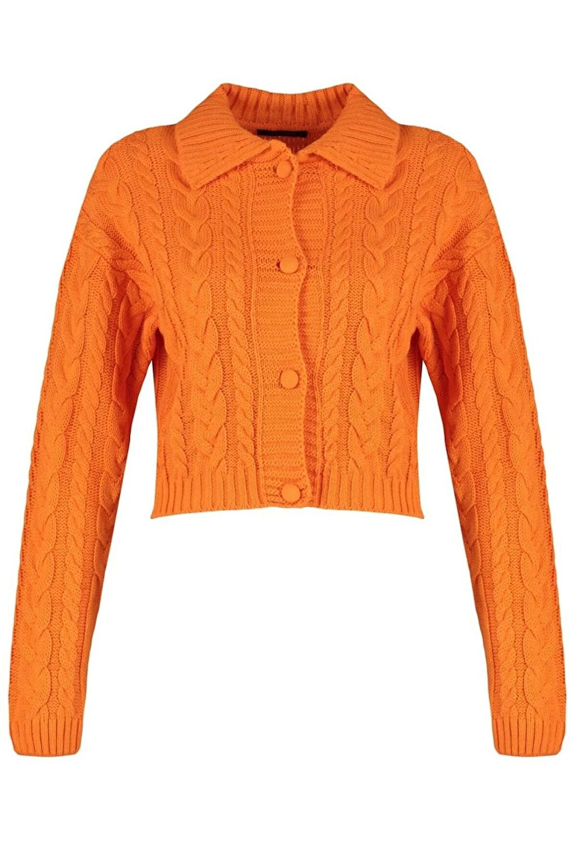 Kadın Moda Şık Crop Polo Yaka Regular Crop Polo Yaka Triko Hırka