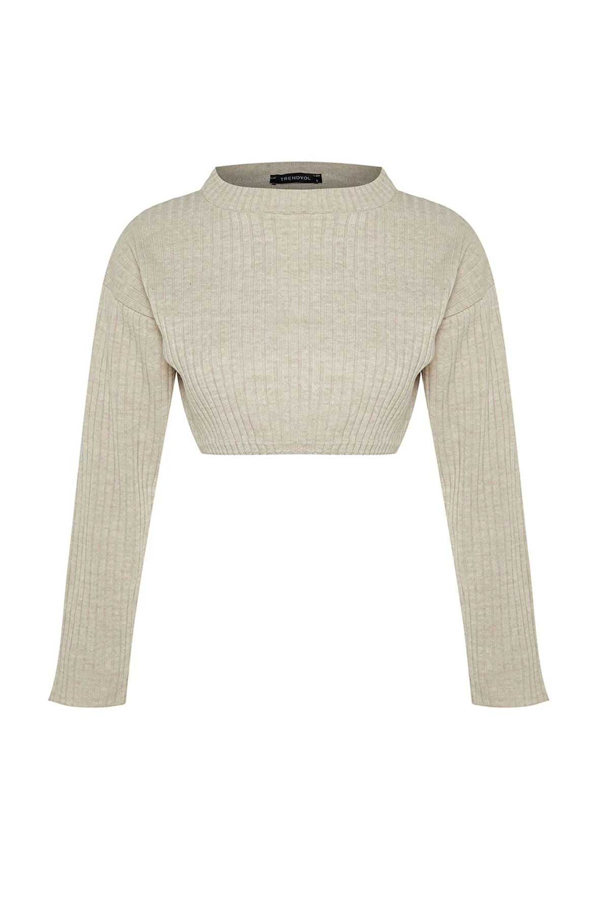 Kadın Moda Şık Bisiklet Yaka Standart Kol Crop Süper Basic Triko Kazak