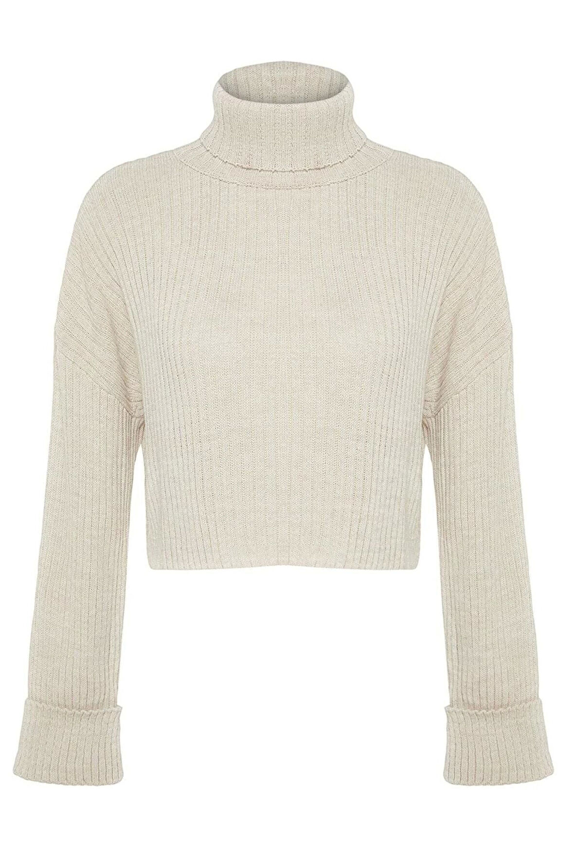 Kadın Moda Şık Crop Balıkçı Yaka Uzun Kol Düz Crop Basic Triko Kazak