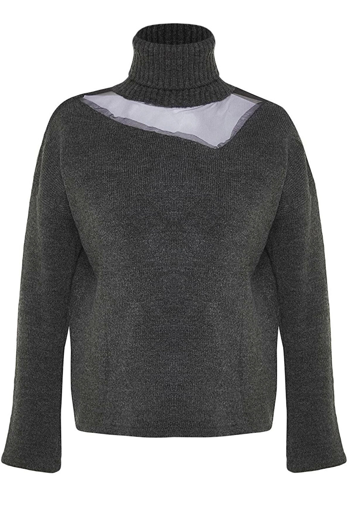 Kadın Moda Şık Regular Balıkçı Yaka Uzun Kol Düz Yumuşak Dokulu Tül Detaylı Triko Kazak