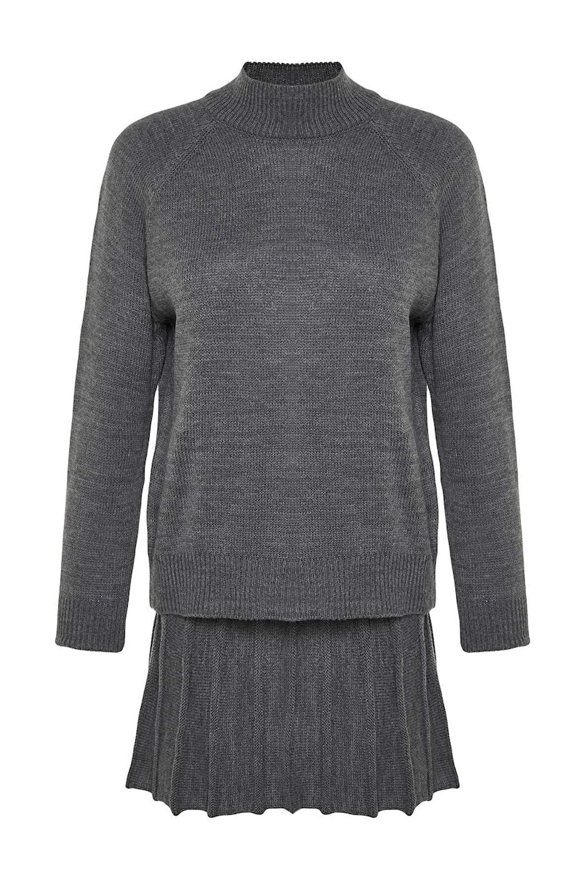 Kadın Moda Şık Geniş Paça Regular Boy Uzun Kollu Pileli Etekli Triko Alt-Üst Takım