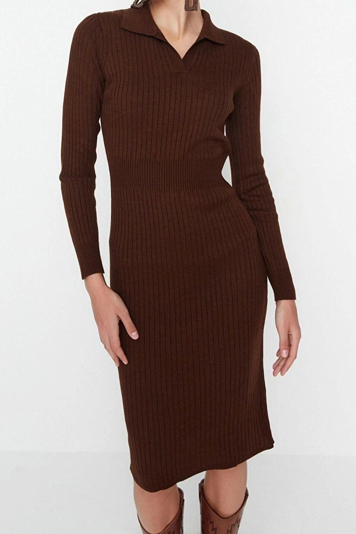 Yeni Slim Casual Günlük Fitilli Triko Polo Yaka Uzun Kol Bodycone Midi Boy Elbise