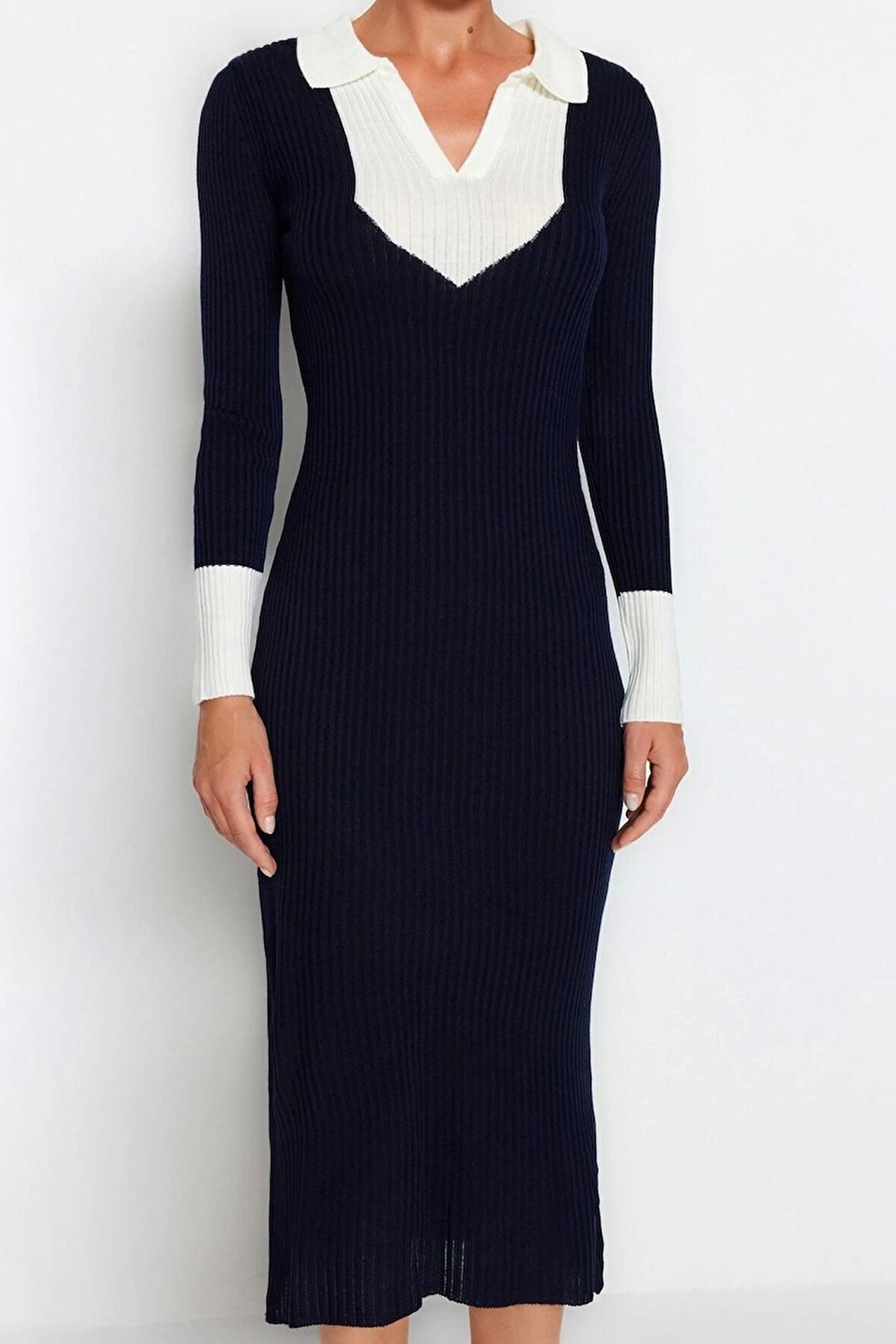 Yeni Slim Casual Günlük Fitilli Triko Polo Yaka Uzun Kol Bodycone Midi Boy Elbise
