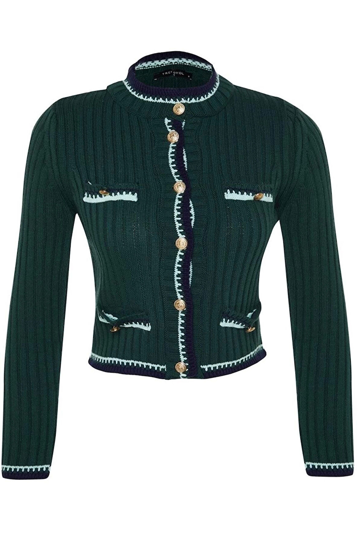 Kadın Moda Şık Crop Bisiklet Yaka Regular Crop Renk Bloklu Ceket Görünümlü Triko Hırka