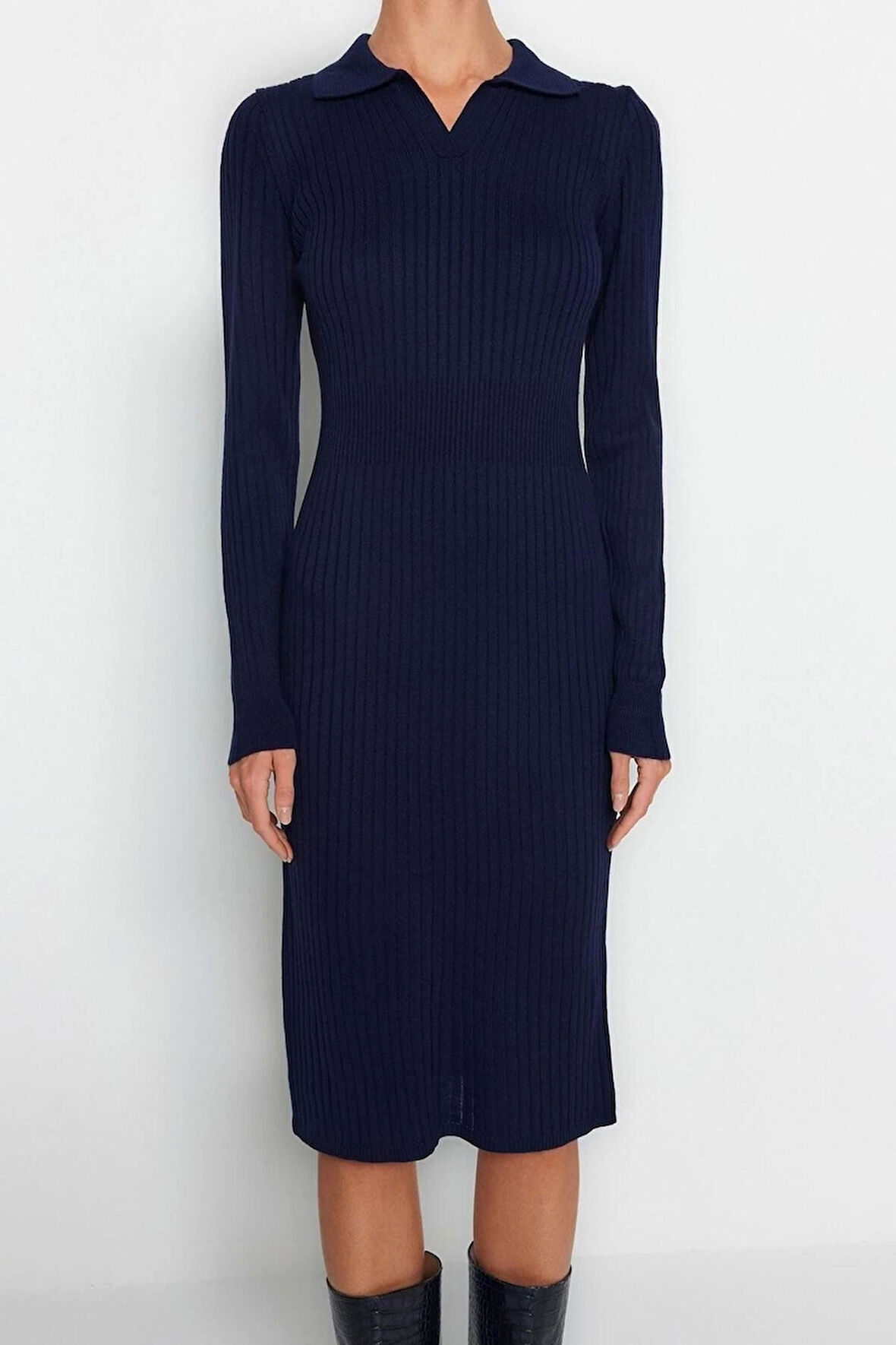 Yeni Slim Casual Günlük Fitilli Triko Polo Yaka Uzun Kol Bodycone Midi Boy Elbise