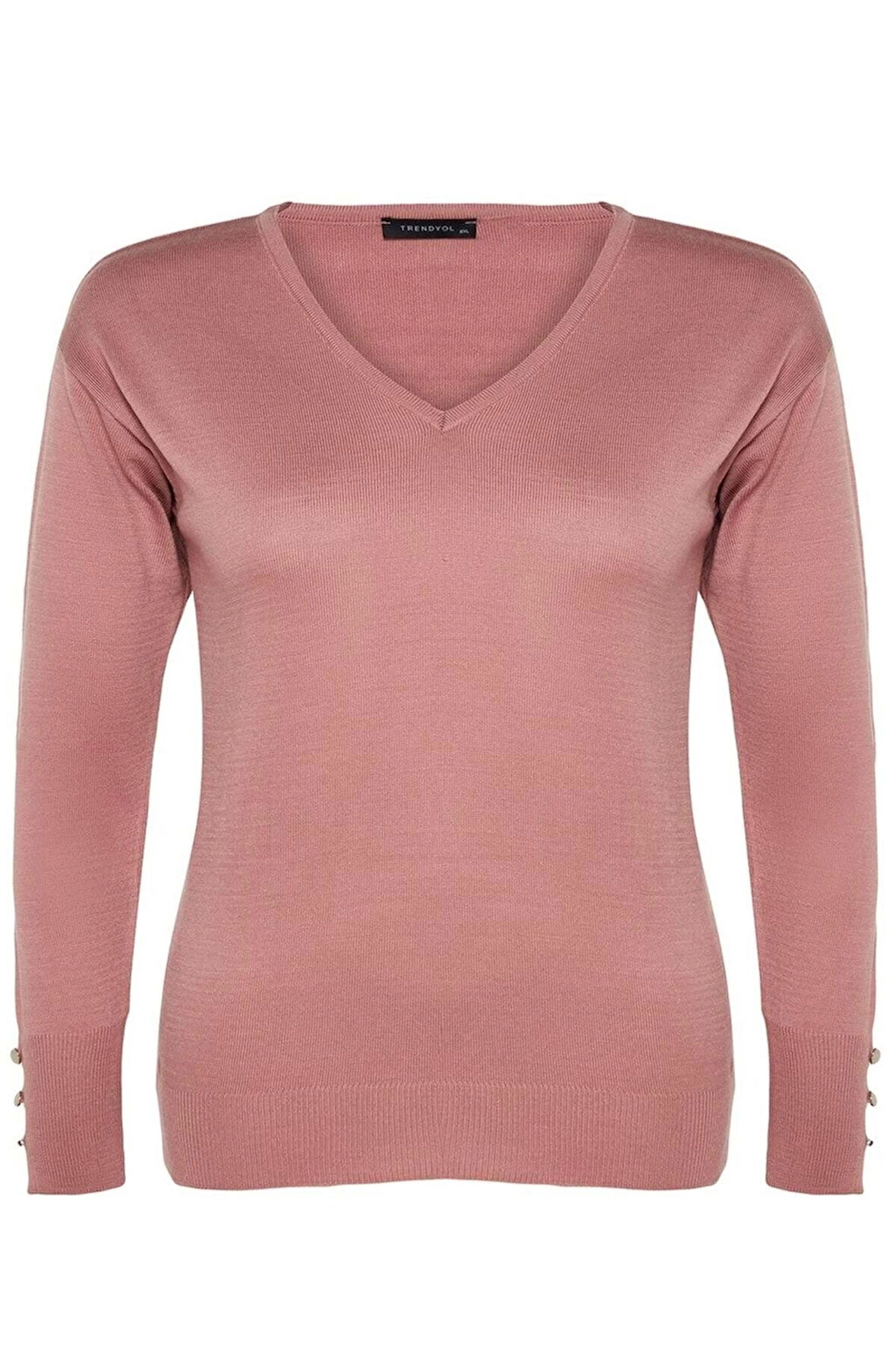 Kadın Büyük Beden Moda Şık Regular V Yaka Uzun Kol Düz Düğme Detaylı Triko Kazak