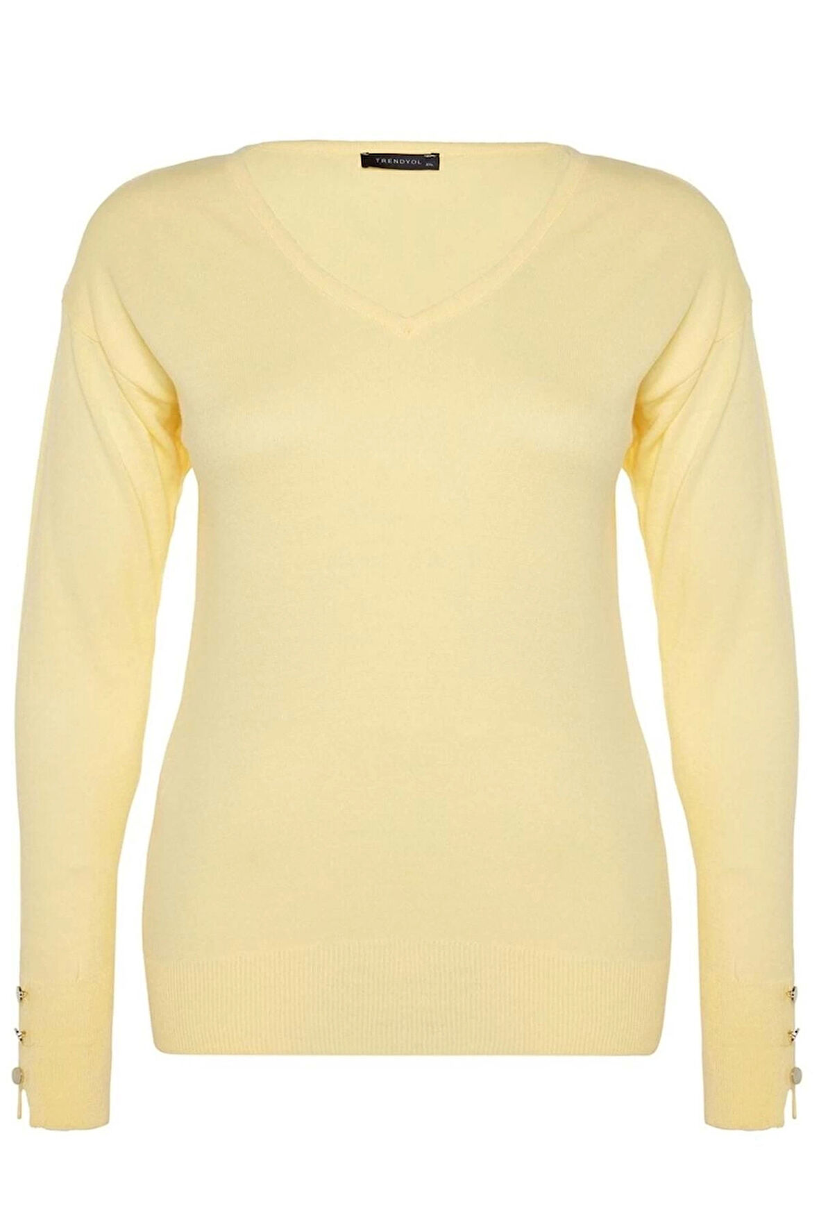 Kadın Büyük Beden Moda Şık Regular V Yaka Uzun Kol Düz Düğme Detaylı Triko Kazak