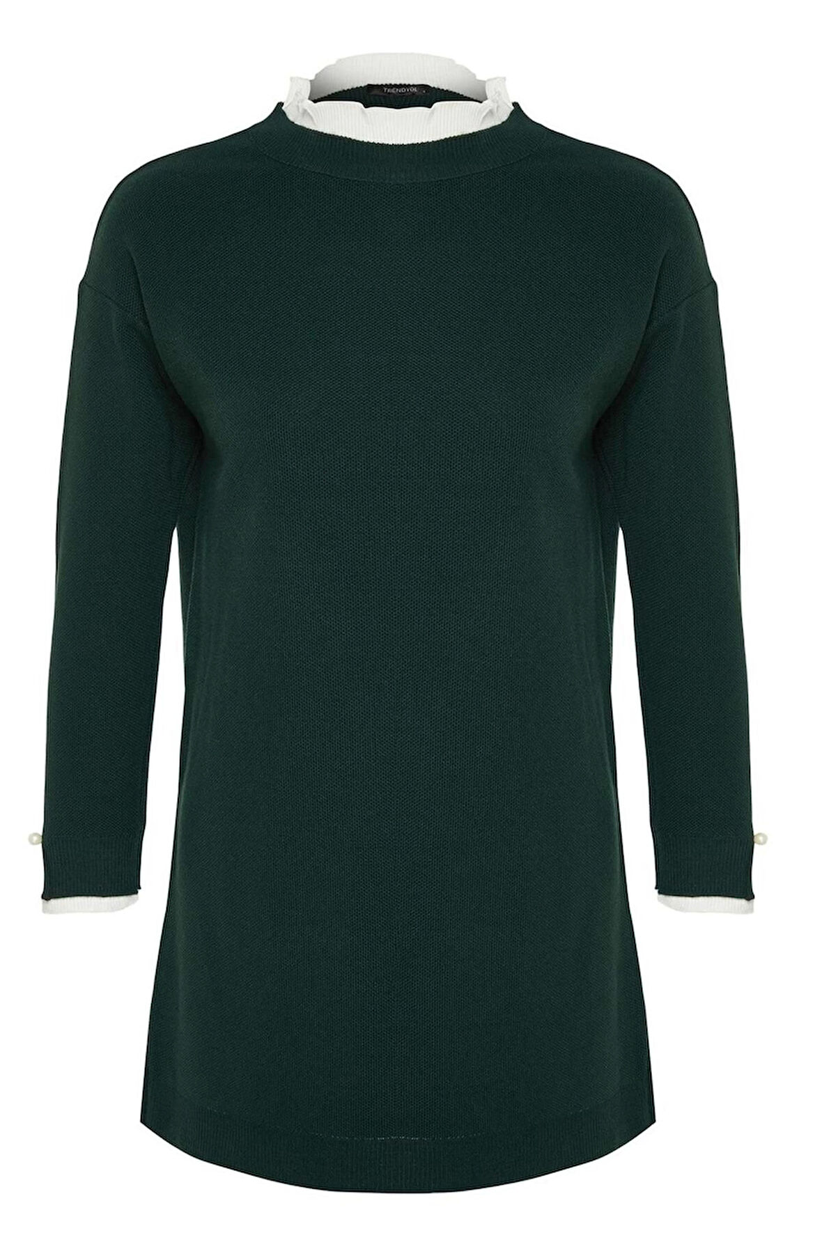 Kadın Tesettür Moda Şık Midi Bisiklet Yaka Uzun Kol Düz Pembe Kolu İnci Detaylı Triko Kazak