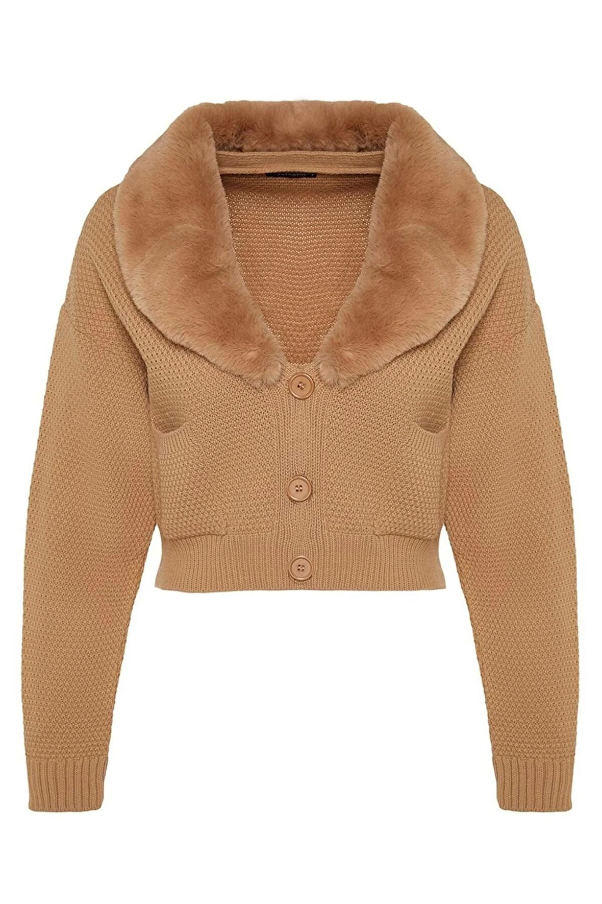 Kadın Moda Şık Crop V Yaka Regular Crop Kürk Detaylı Triko Hırka