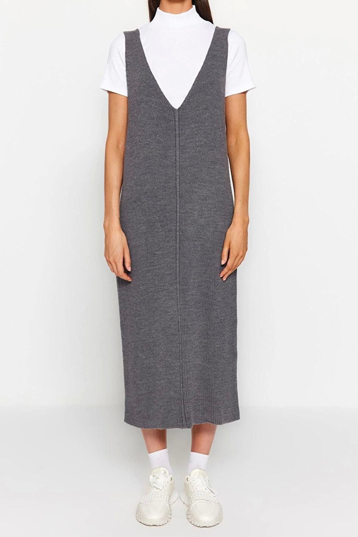 Yeni Regular Casual Günlük Dolu İğne Triko V Yaka Uzun Kol Shift Maxi Boy Elbise