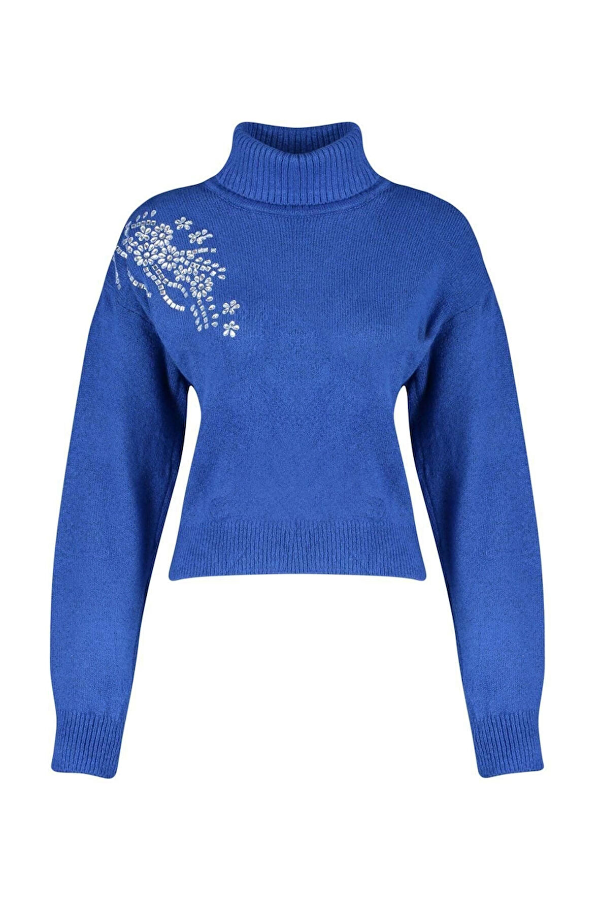 Kadın Moda Şık Balıkçı Yaka Standart Kol Regular Yumuşak Dokulu Taş Detaylı Triko Kazak