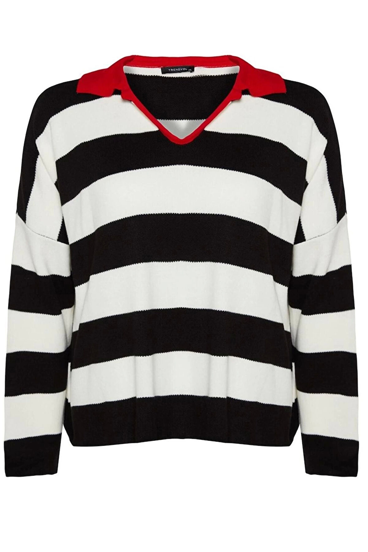 Kadın Büyük Beden Moda Şık Regular Polo Yaka Uzun Kol Çizgili Polo Yaka Triko Kazak