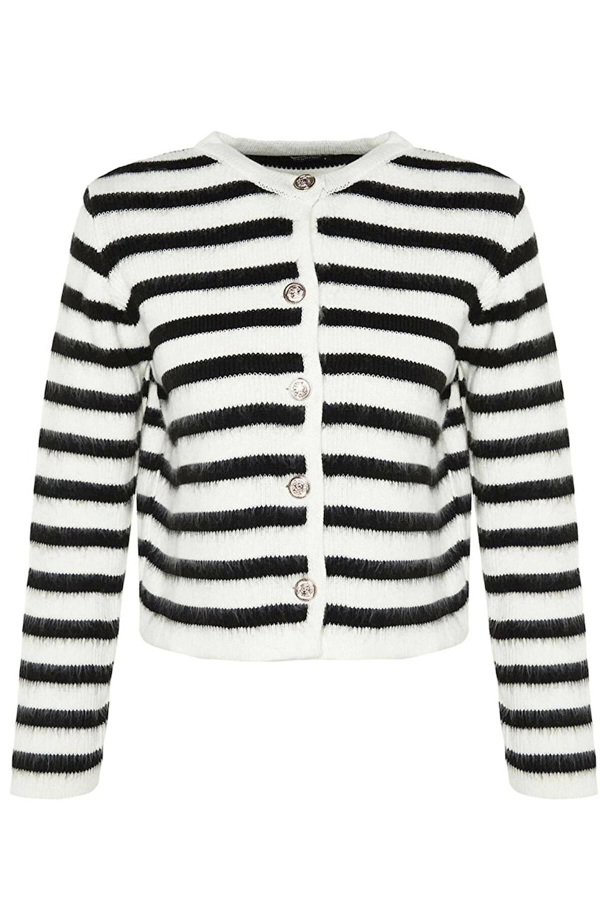 Kadın Moda Şık Regular Bisiklet Yaka Slim Yumuşak Dokulu Çizgili Ceket Görünümlü Triko Hırka