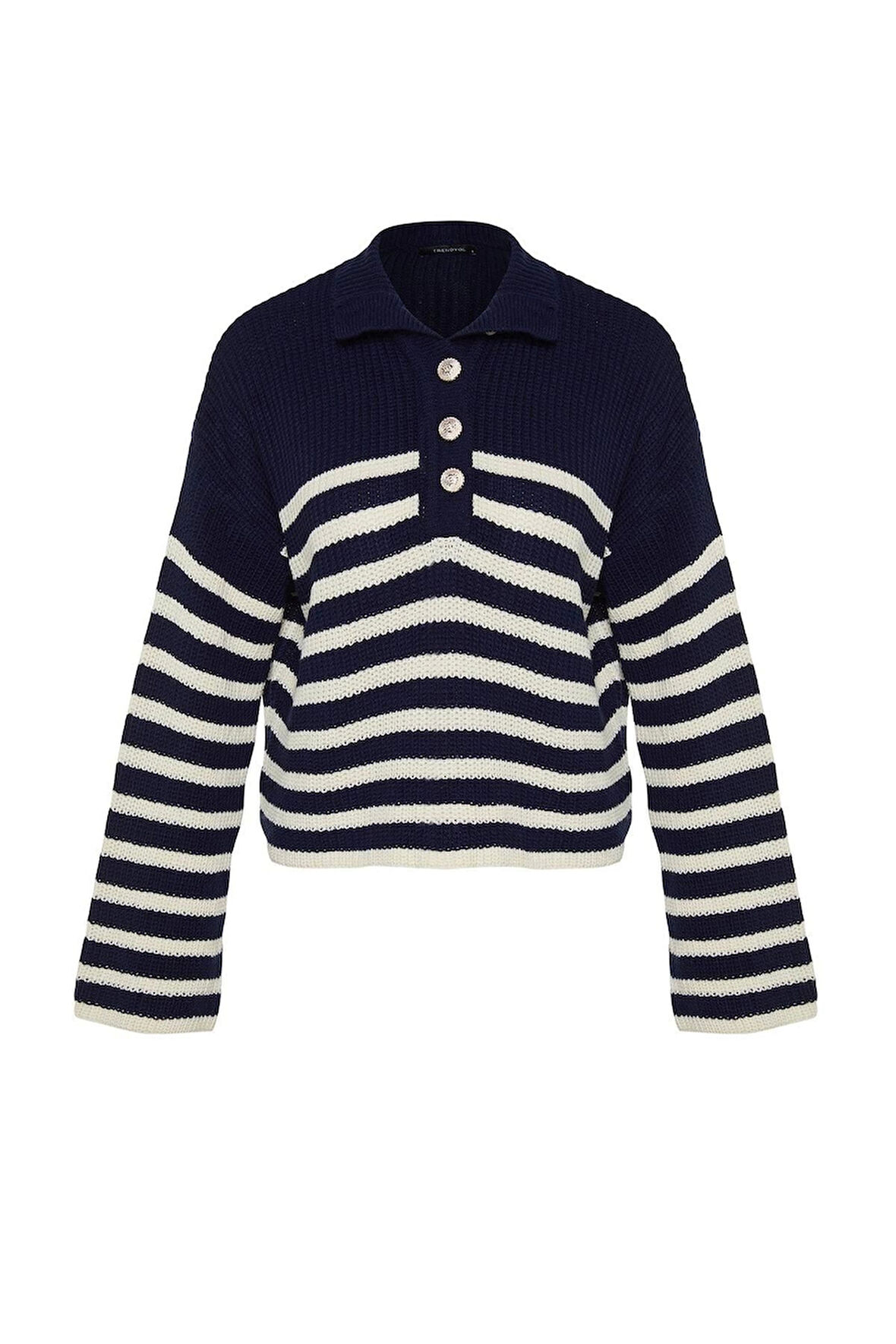 Kadın Moda Şık Bisiklet Yaka Standart Kol Regular Ganiş Kalıp Çizgili Triko Kazak