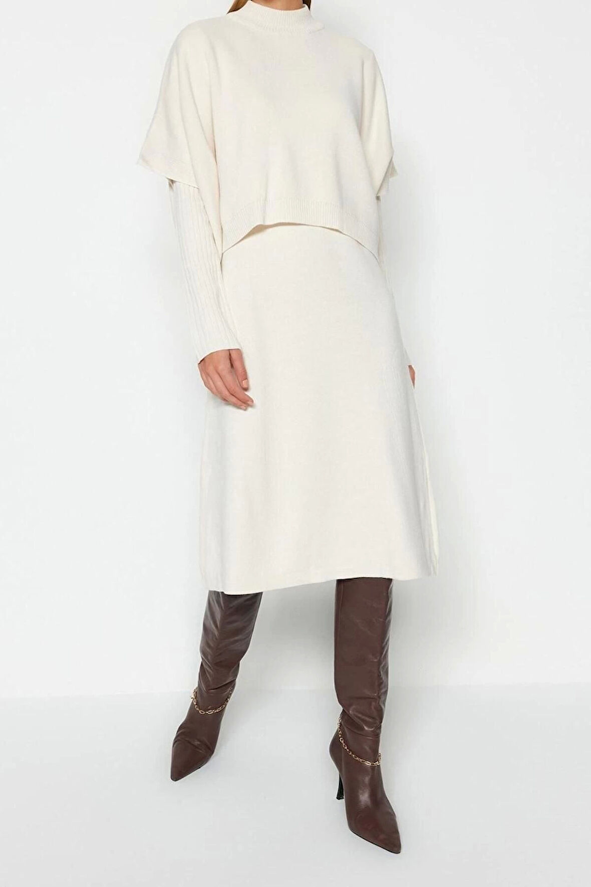Yeni Oversize Casual Günlük Bürümcük Triko Dik Yaka Uzun Kol Shift Midi Boy Elbise