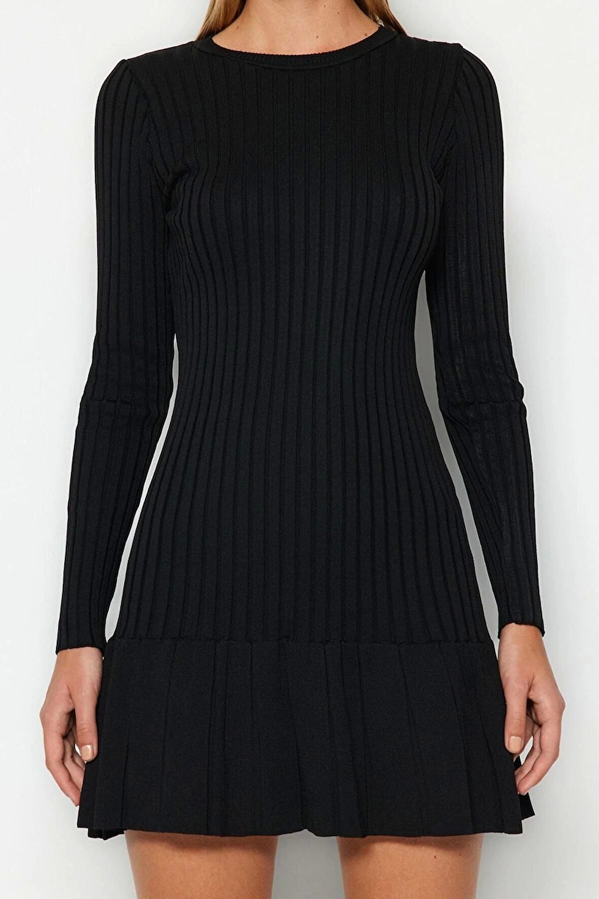 Yeni Slim Gündüz Gece Dolu İğne Triko Bisiklet Yaka Uzun Kol A-Line Mini Boy Elbise