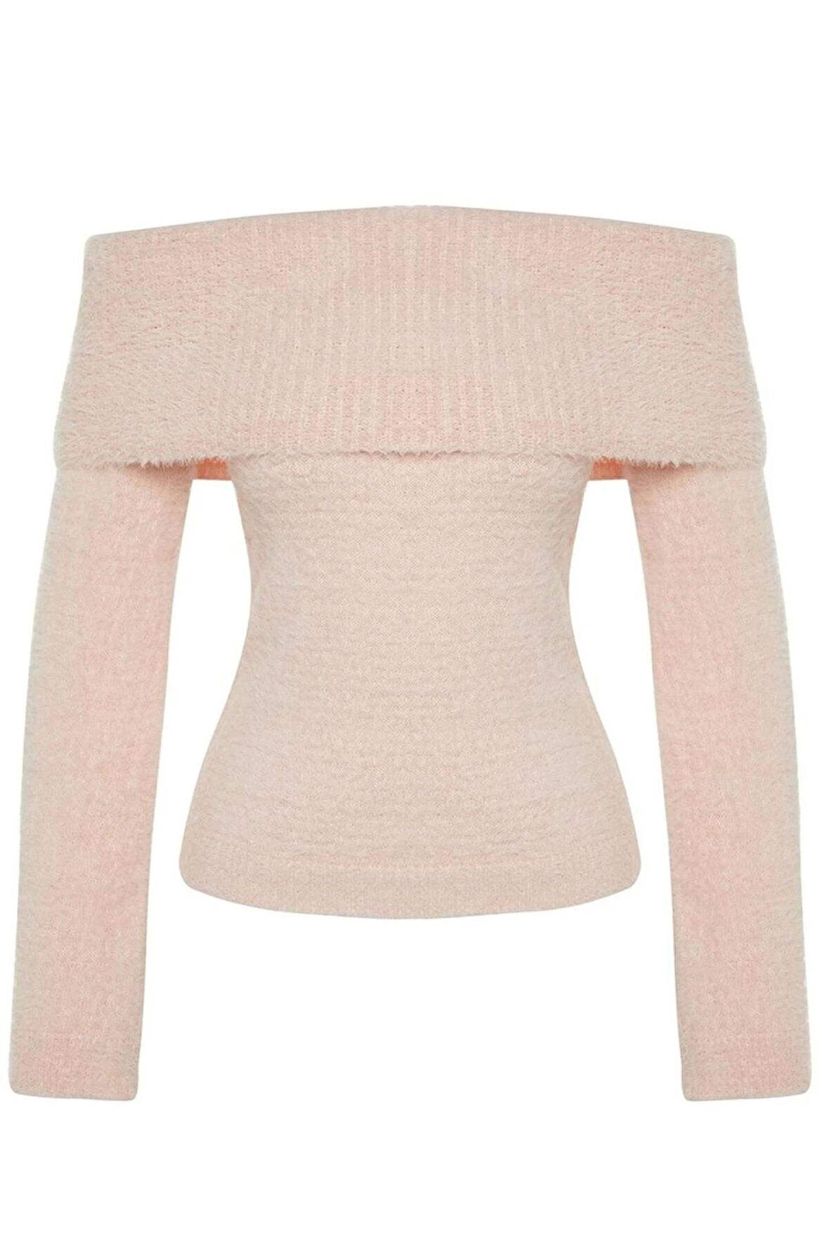 Kadın Moda Şık Regular Carmen Yaka Uzun Kol Düz Carnen Yaka Tüylü Sakal İplikli Triko Kazak