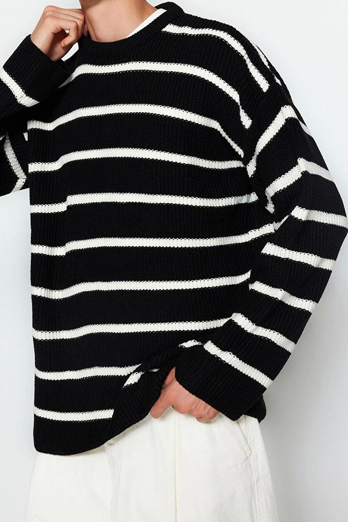 Erkek Moda Şık Regular Bisiklet Yaka Uzun Kol Çizgili Oversize Triko Kazak