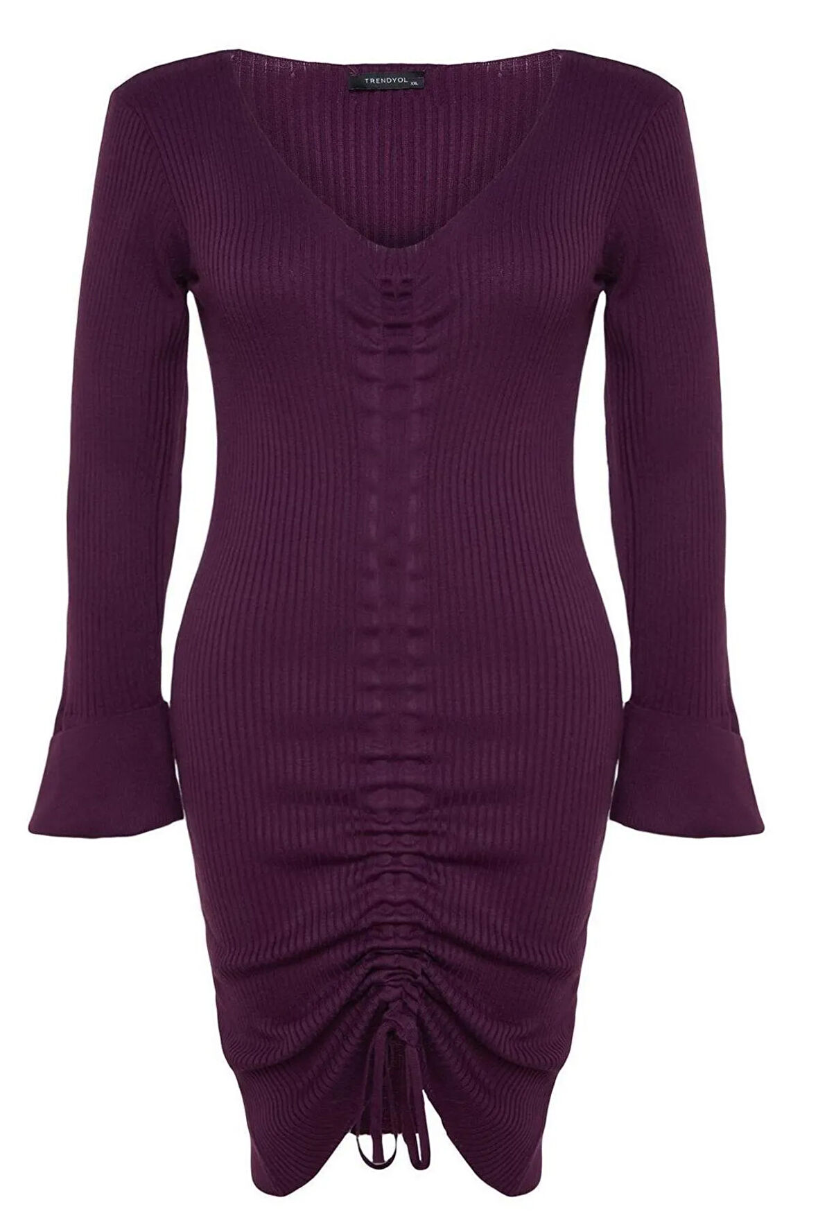 Yeni Fit Casual Günlük Fitilli Triko V Yaka Uzun Kol Bodycone Mini Boy Büyük Beden Elbise