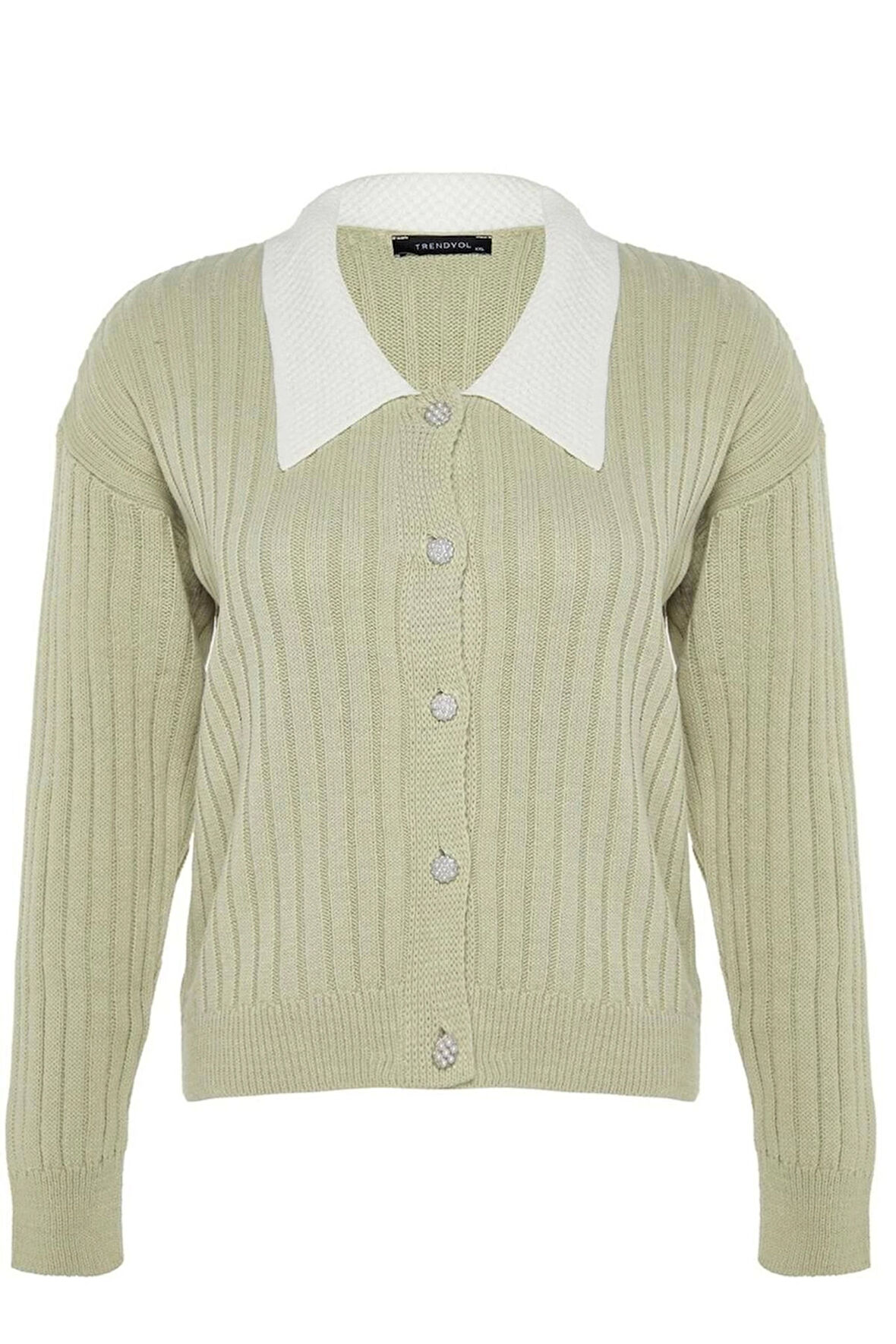 Kadın Büyük Beden Moda Şık Regular Gömlek Yaka Uzun Kol Düz Triko Hırka