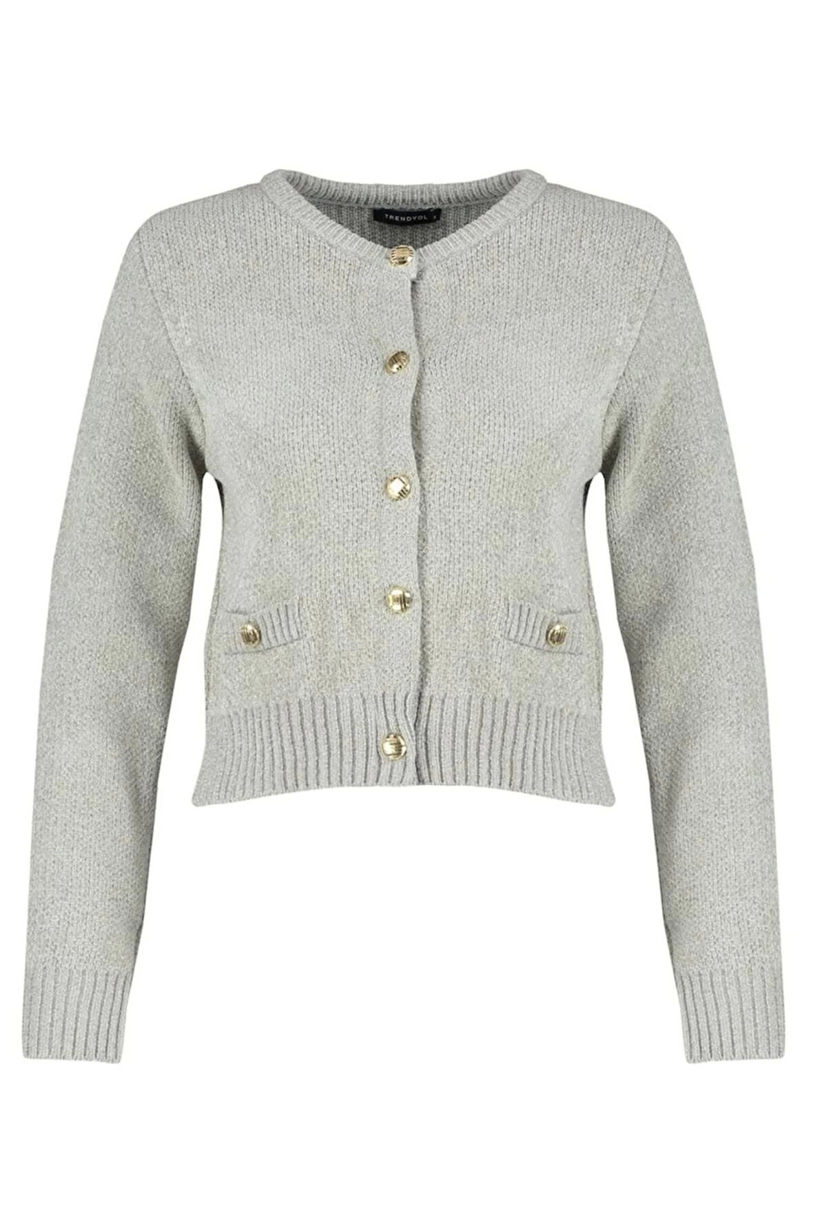 Kadın Moda Şık Crop Bisiklet Yaka Regular Premium İplik Cep Detaylı Triko Hırka