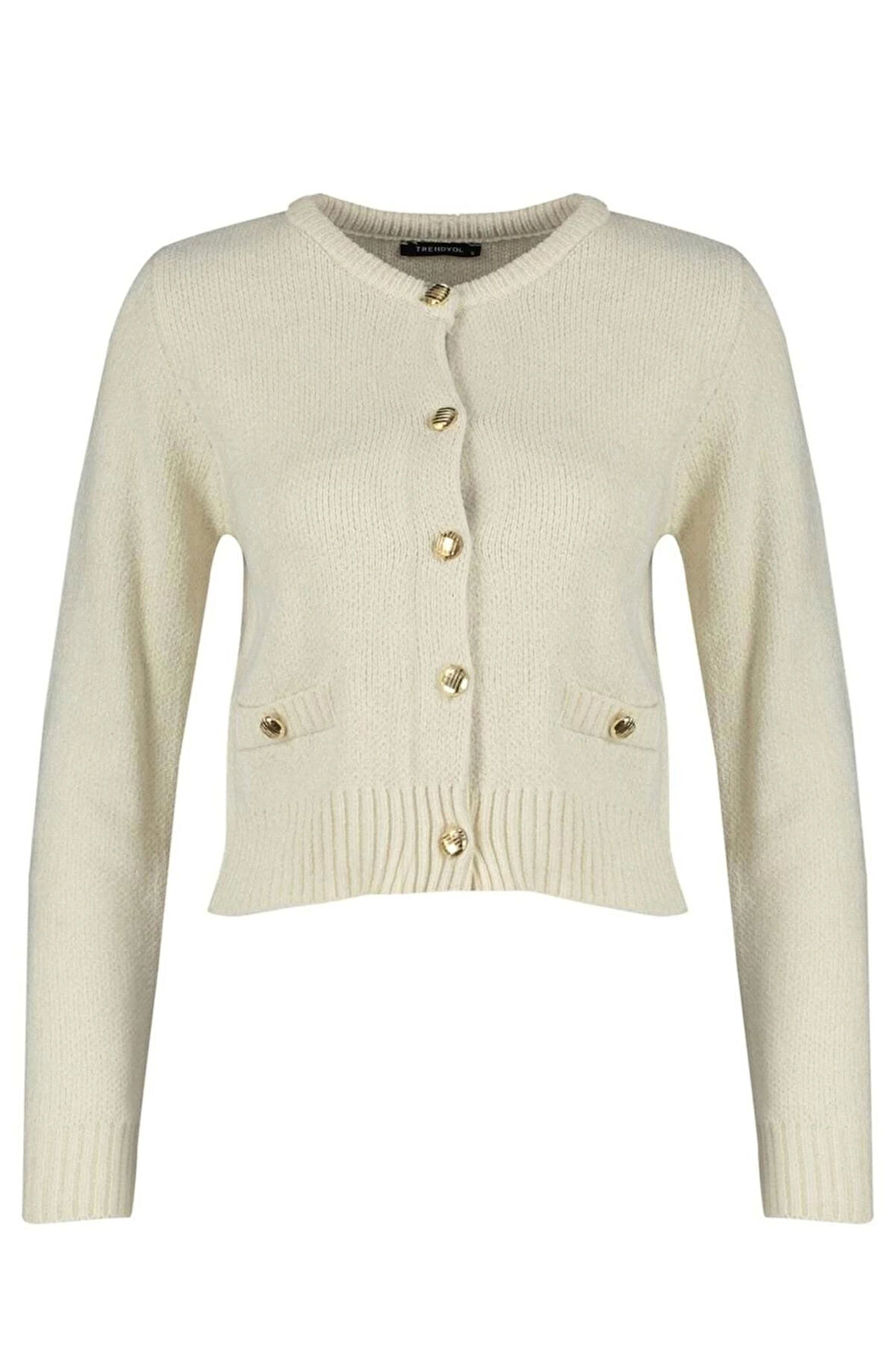 Kadın Moda Şık Crop Bisiklet Yaka Regular Premium İplik Cep Detaylı Triko Hırka