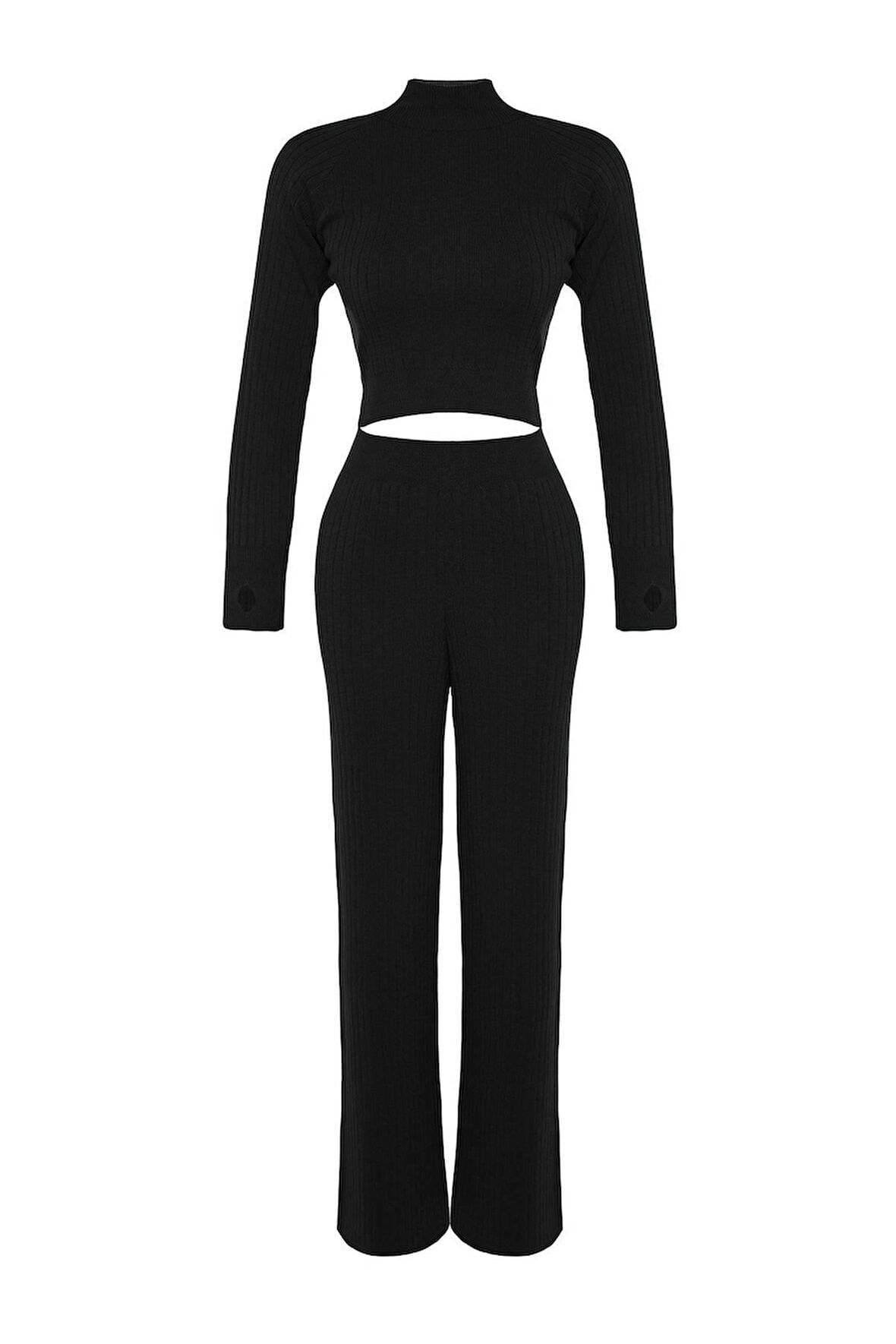 Kadın Moda Şık Regular Boy Uzun Kollu Crop Fitilli Parmak Detaylı Triko Alt-Üst Takım