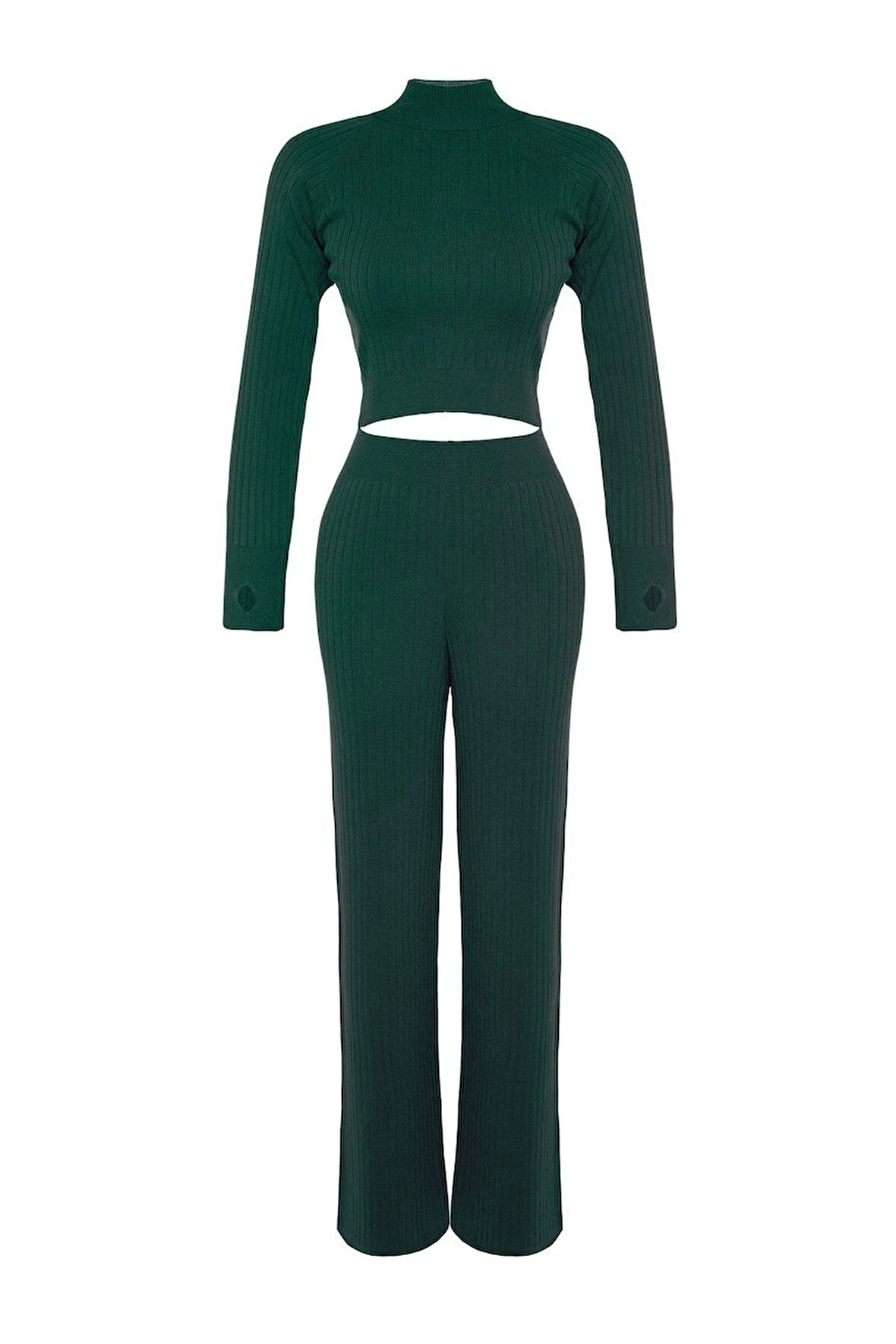 Kadın Moda Şık Regular Boy Uzun Kollu Crop Fitilli Parmak Detaylı Triko Alt-Üst Takım
