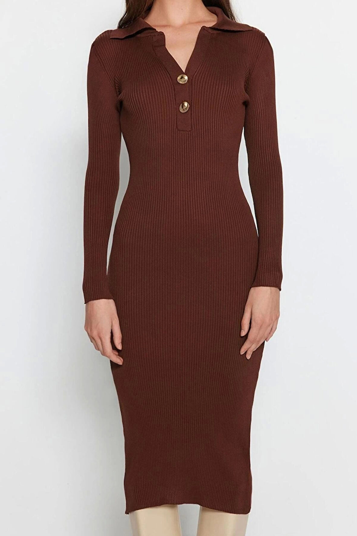 Kadın Moda Şık Midi Boy Polo Yaka Slim Triko Elbise