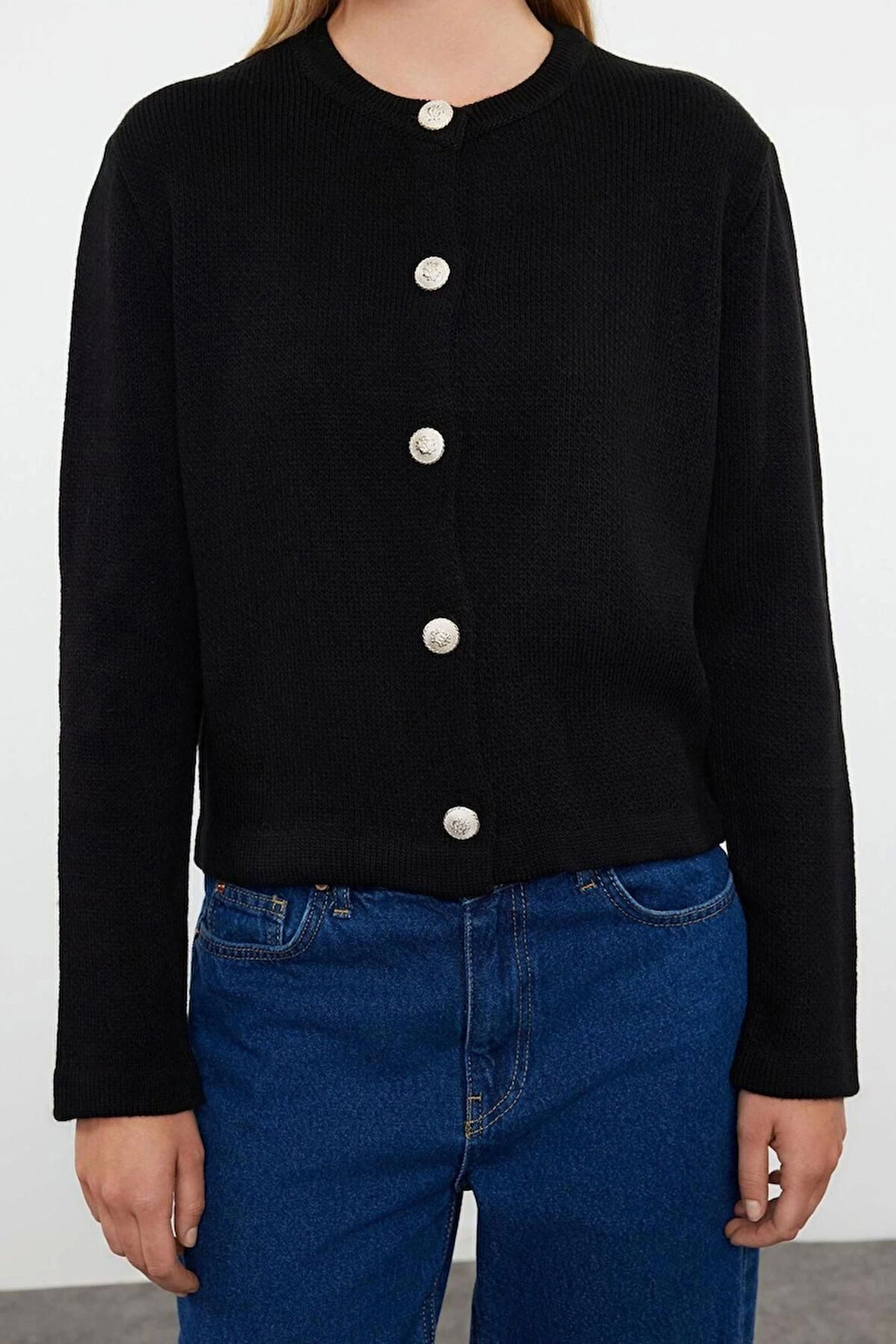 Kadın Moda Şık Bisiklet Yaka Standart Kol Regular Basic Ceket Görünümlü Triko Hırka