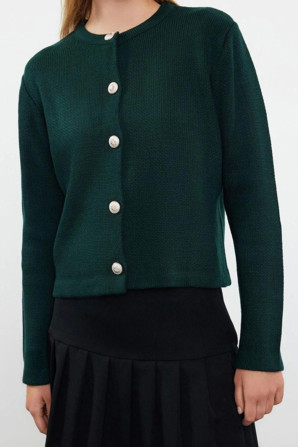 Kadın Moda Şık Bisiklet Yaka Standart Kol Regular Basic Ceket Görünümlü Triko Hırka