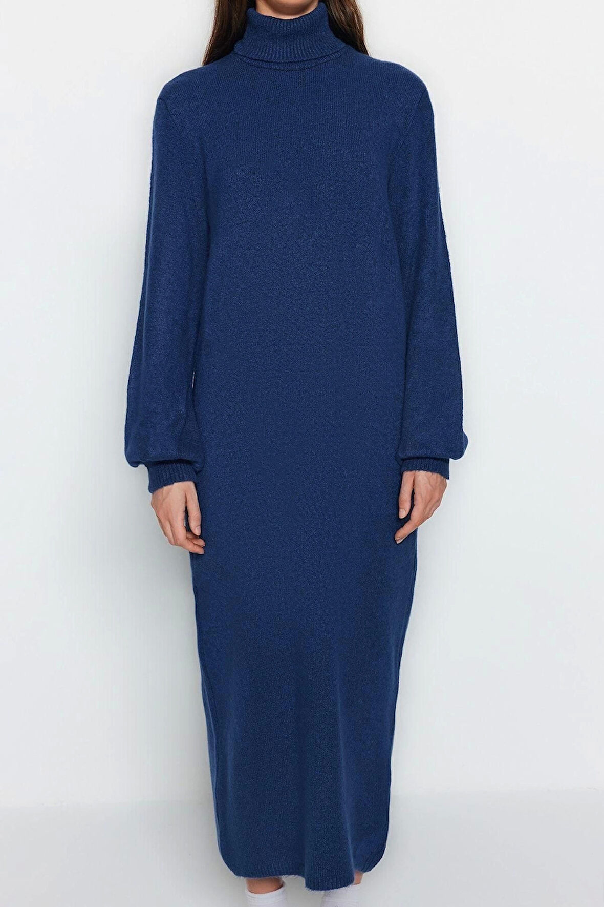 Yeni Regular Casual Günlük Tek Plaka Triko Balıkçı Yaka Uzun Kol Shift Midi Boy Elbise